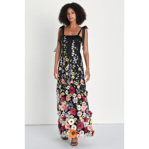 Lulus Thriving Poise Black 3d Floral Embroidered Tie-strap Maxi Dress - Size S